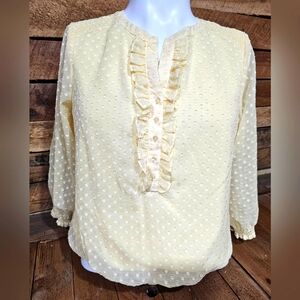 Christopher and Banks Yellow Polka Dot Blouse With‎ Sheer Sleeves Size Small
